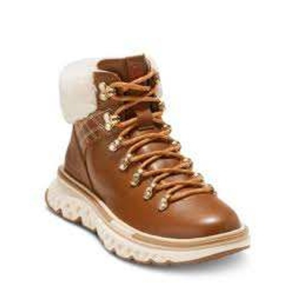 Cole Haan Womens ZERØGRAND Tan Fleece Leather Hiker Boots SZ 8.5 Gorpcore Cozy